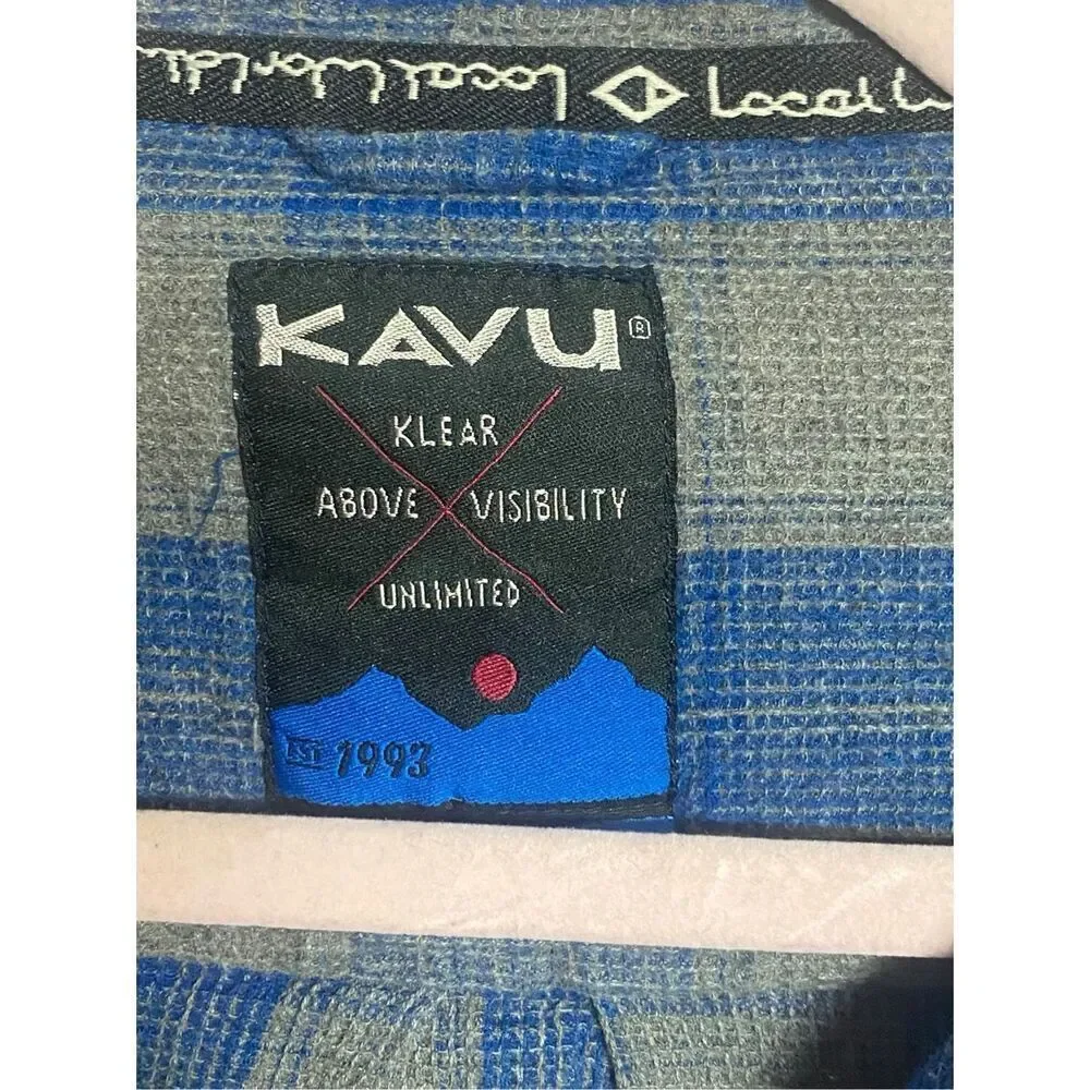 KAVU Plaid Flannel Shirt Cotton Blue Gray Men L Outdoor Rugged Casual